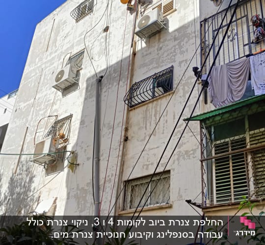 אדם תלוי על חבלים מבצע עבודות גובה על קיר בניין